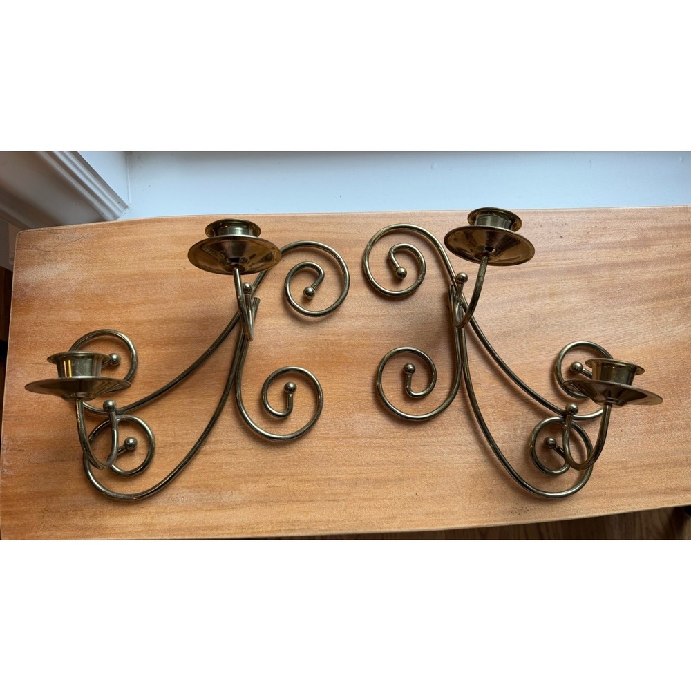 Shiny Brass Wall Mount Candle Sconces Curved Scrolls set 2